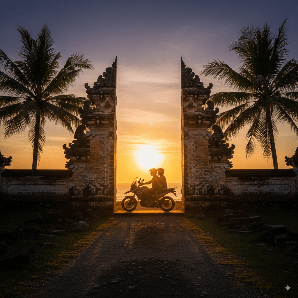 Beautiful Bali scenery with motorbikes